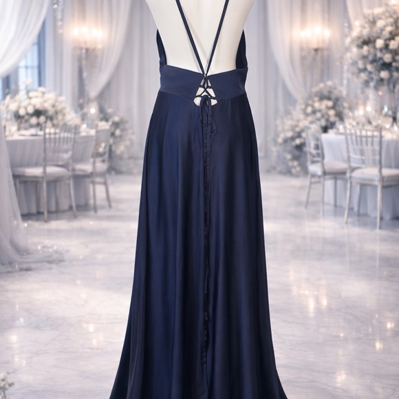 NWT Navy Blue Satin Maxi Dress Open Back Spaghetti Strap Sleeveless 12 - Picture 7 of 8